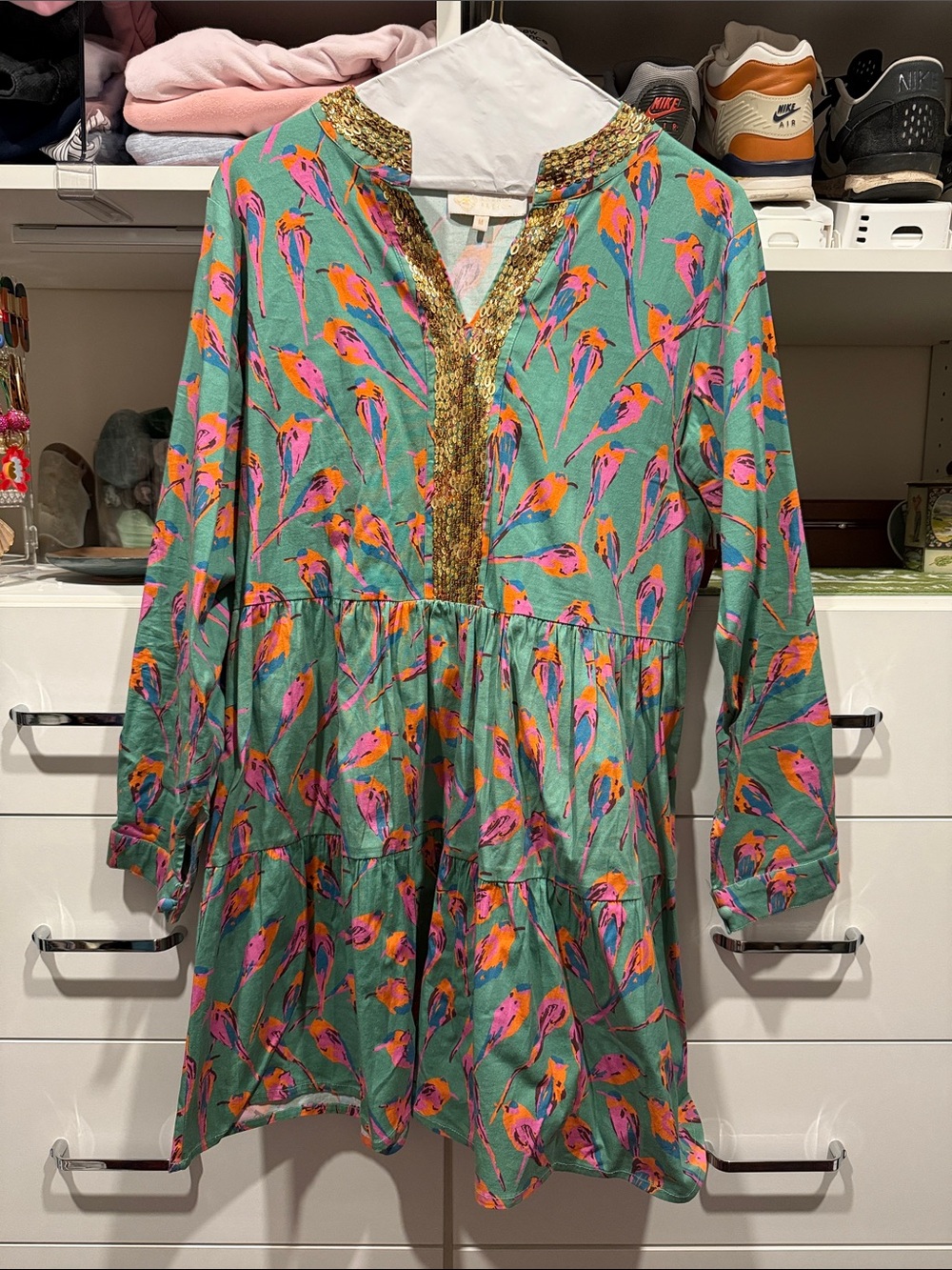 Floral Bird-Print Tiered Dress in Teal and Pink